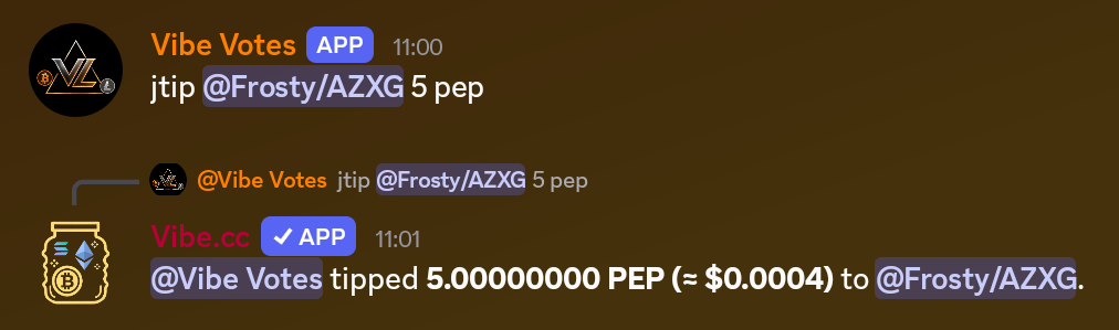 Vibe Votes tipping a user in Discord